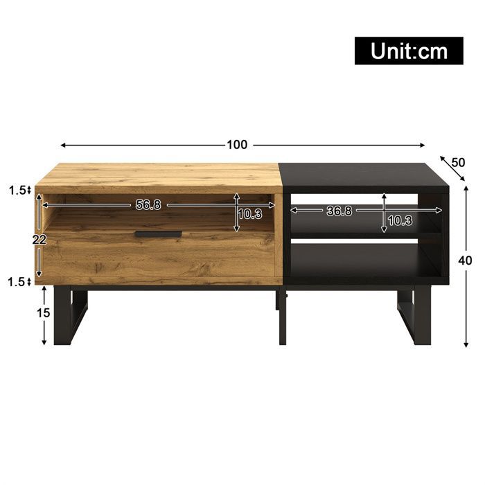 Salontafel met plank en lade voor de woonkamer, houten salontafel met gekleurde blokstructuur, metalen poten - 100 × 50 × 40 cm