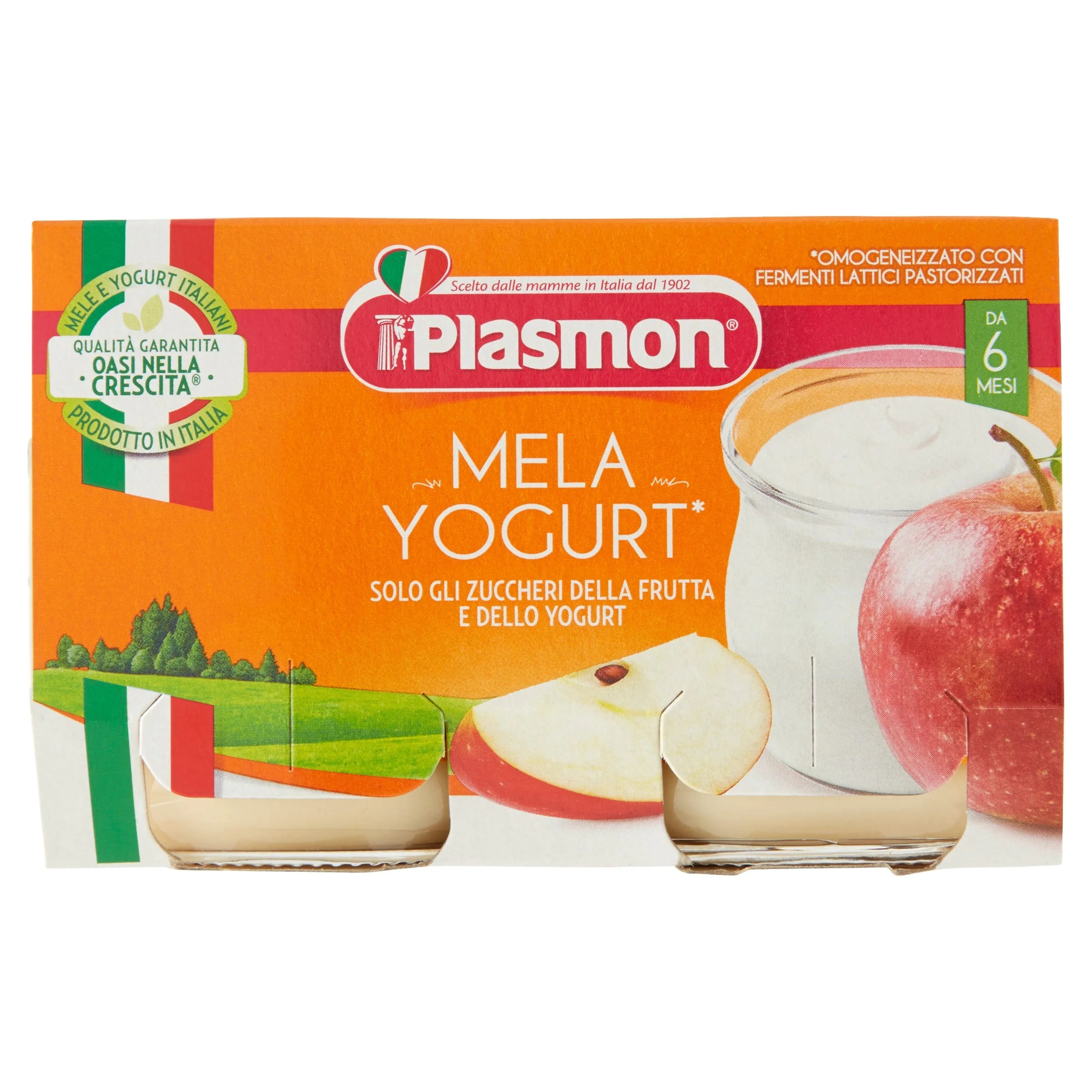 Iogurte homogeneizado Plasmon com sabor de maçã, 120 g x 2 unidades, alimento infantil.