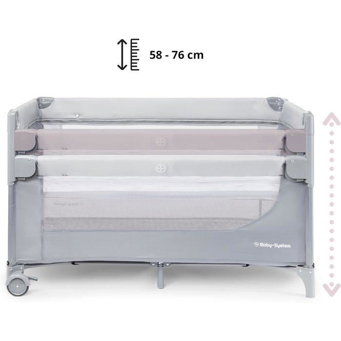 Lit Parapluie 3en1 Voyage, Lit D'appoint & Parc Bébé Moby System, Réglage latéral 4 niveaux, Matelas 2 niveaux, Plan à Langer, Roues