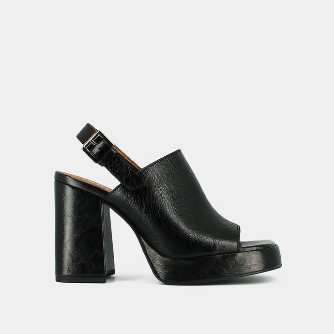 Sandales à talons et bouts carrés  en cuir vieilli noir