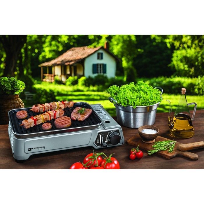 Barbacoa de gas portátil KEMPER de 1900 W con parrilla antiadherente + 4 cartuchos de gas para camping