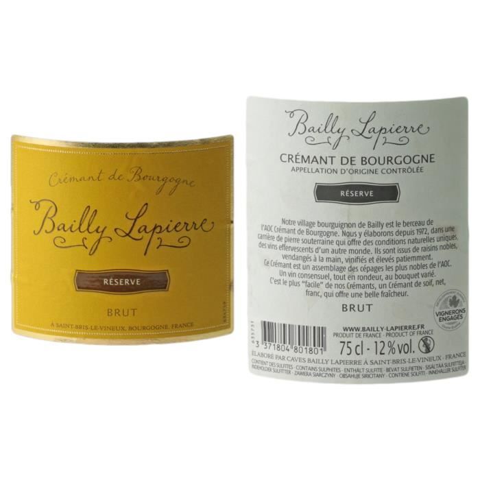 Crémant de Bourgogne Brut Réserve Blanc - Lot de 3x75cl - Les Caves Bailly Lapierre - Vin effervescent AOC Blanc de Bourgogne