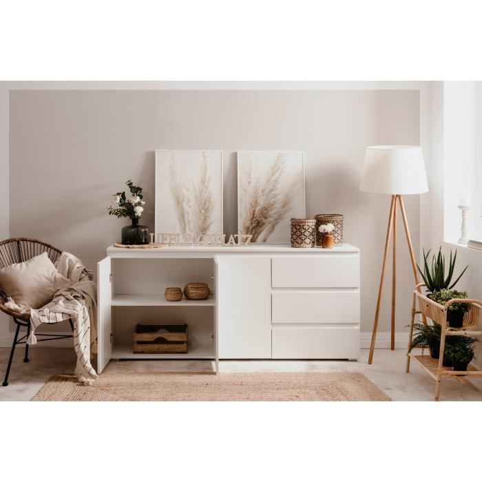 Aparador Capetown - Acabado blanco brillante - Tablero de partículas - 3 puertas - 3 estantes - 3 cajones - 179 x 80,5 x 40 cm