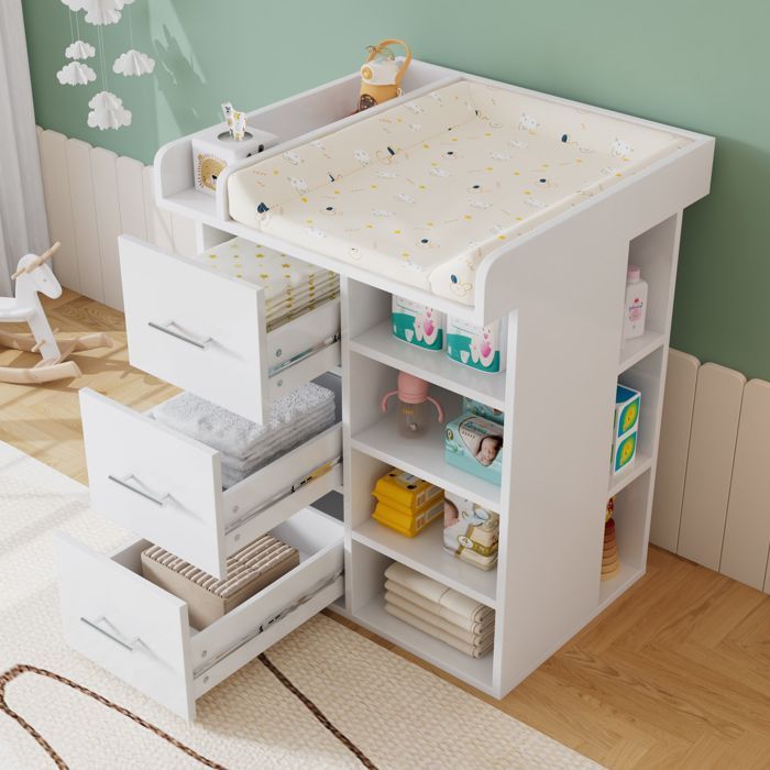 Commode à langer - Blanc pur - 3 tiroirs - Espace latéral - Étagères réglables - Espace à langer sécurisé