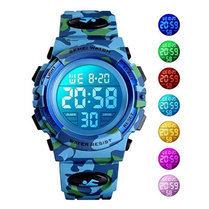 KZKR Montre Numérique pour Enfant Garçon Chronomètre 12-24H avec Réveil Montre de Sport Camouflage