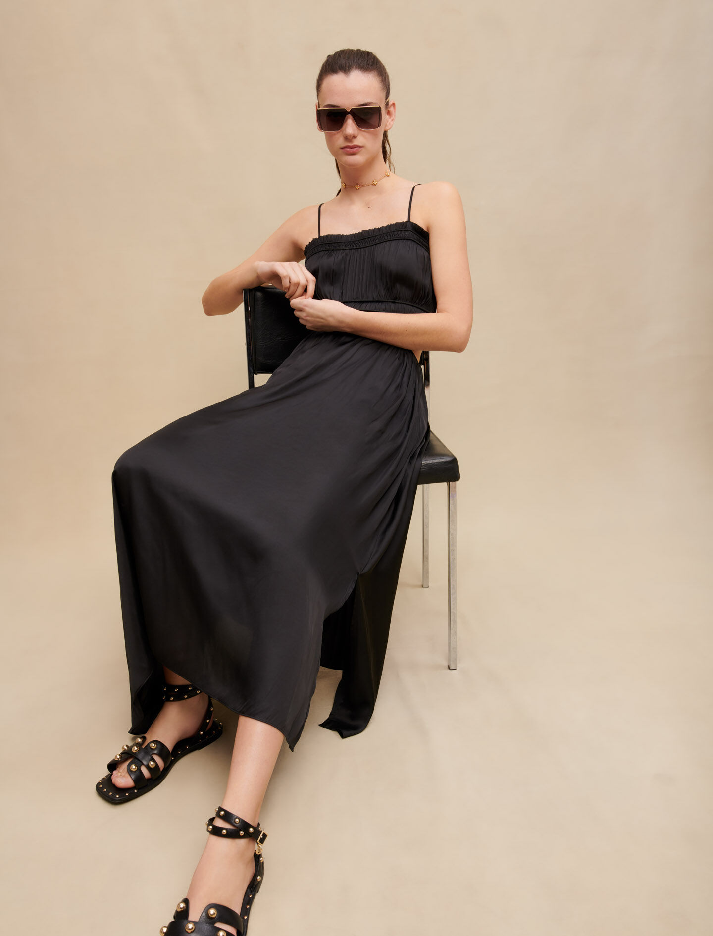 Rochie lungă din satin - Negru
