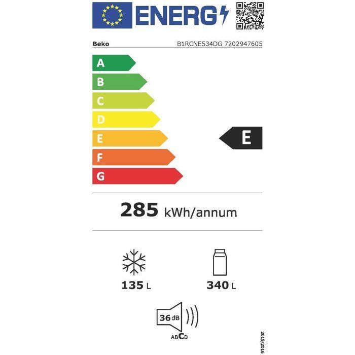 Frigorifero combinato - BEKO - B1RCNE534DG - Grande capacità 475 L - Ventilato - Dispenser d'acqua - Classe energetica E - 187x70,9x59x7 cm - Grigio