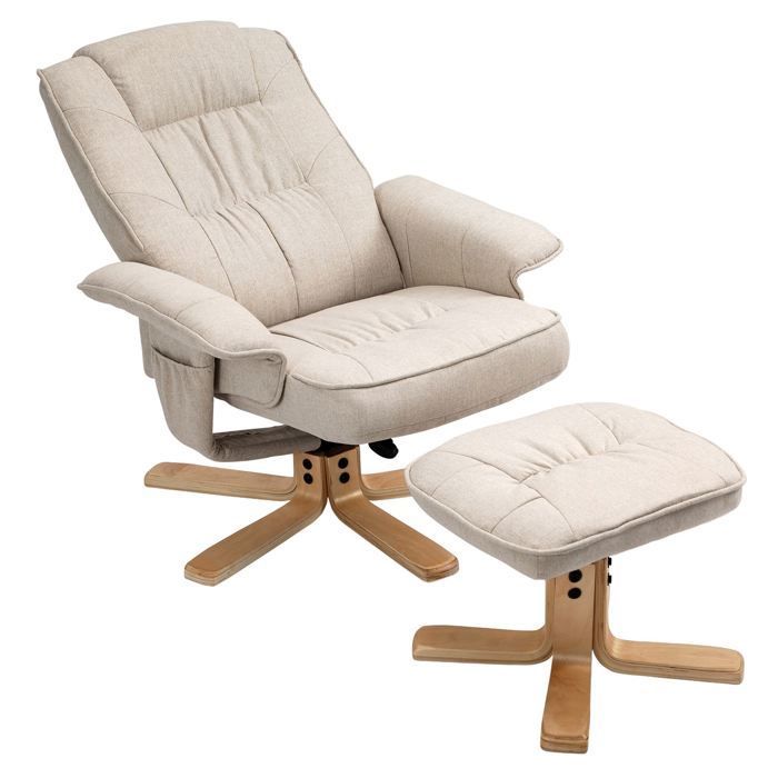 Sillón reclinable CHARLY con reposapiés, otomana, asiento giratorio, respaldo reclinable y asiento acolchado, en tejido beige.