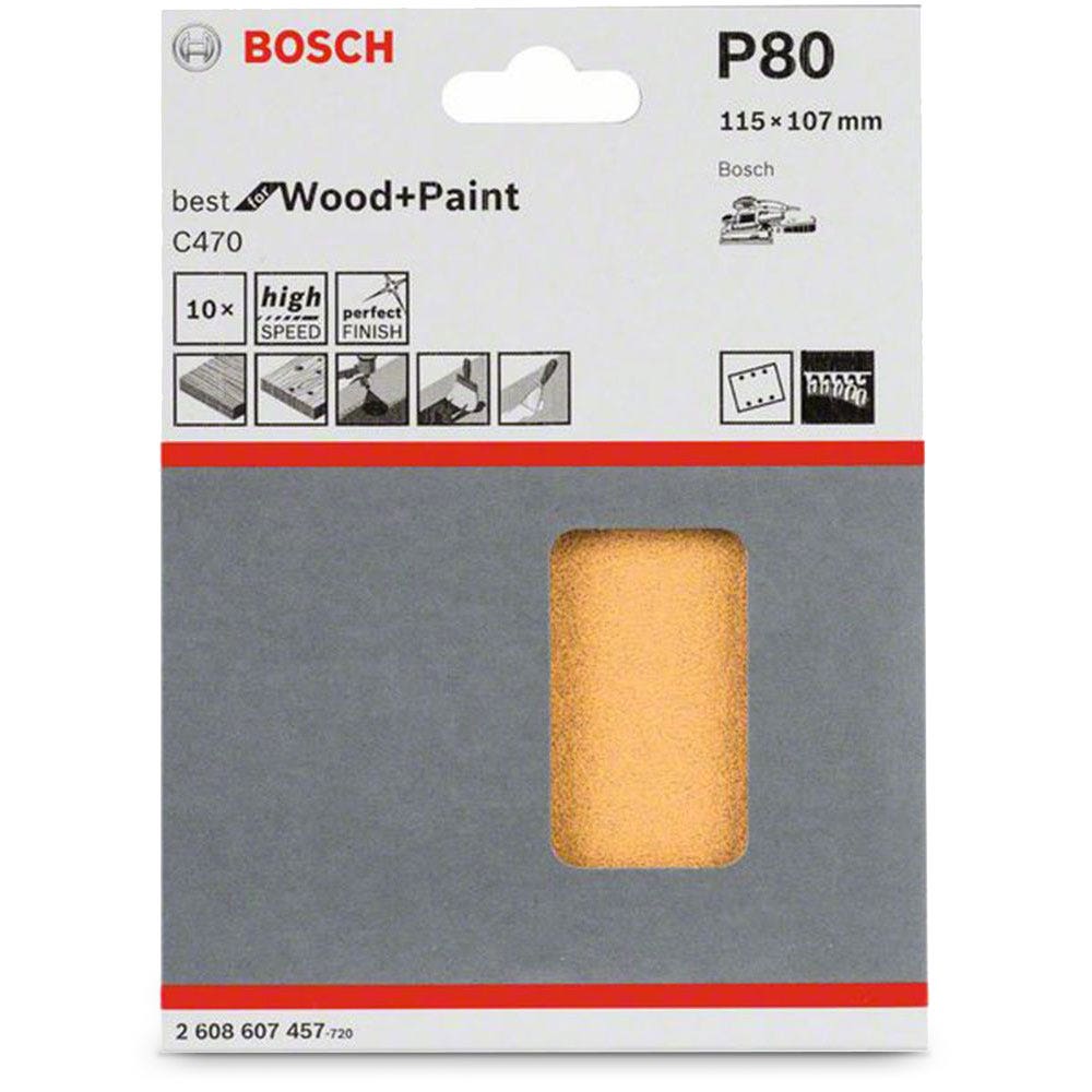 BOSCH csiszolópapír 115 x 107 mm, 80-as szemcseméretű, 6 lyukú, tépőzáras, fához és festékhez - C470, 10 darab