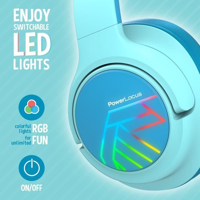 Kids Headphones - PowerLocus - Bluetooth - Volume Limiter 74-85-94dB - 45 Hours - Colorful LED Lights