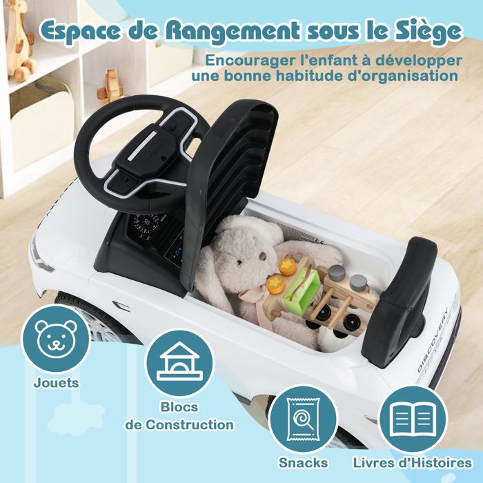 Cochecito infantil COSTWAY Land Rover con volante, claxon, sonido de motor y compartimento de almacenamiento bajo el asiento, para niños de 12 a 36 meses, hasta 25 kg, color blanco.