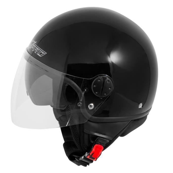 Casco tipo jet para moto/scooter con doble visera y parasol, homologación ECE 22, color negro, talla XS.