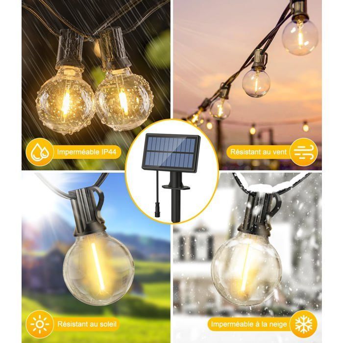 Cordão de luzes solares para exterior com 15 metros de comprimento, lâmpadas LED G40, classificação IP65 de resistência à água, ideal para jardim, pátio e casamentos.