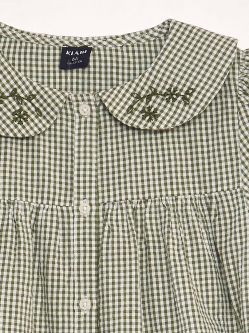 Blusa xadrez vichy com gola Claudine bordada - Cáqui