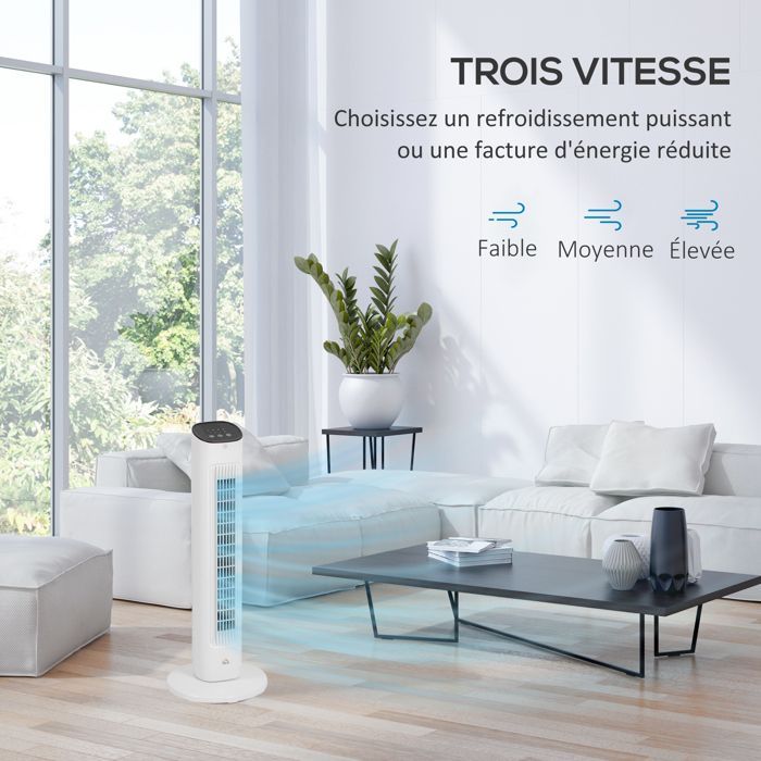 Ventilador de torre - HOMCOM - mando a distancia - silencioso - 3 velocidades - temporizador y oscilación de 85° - pantalla LED - blanco