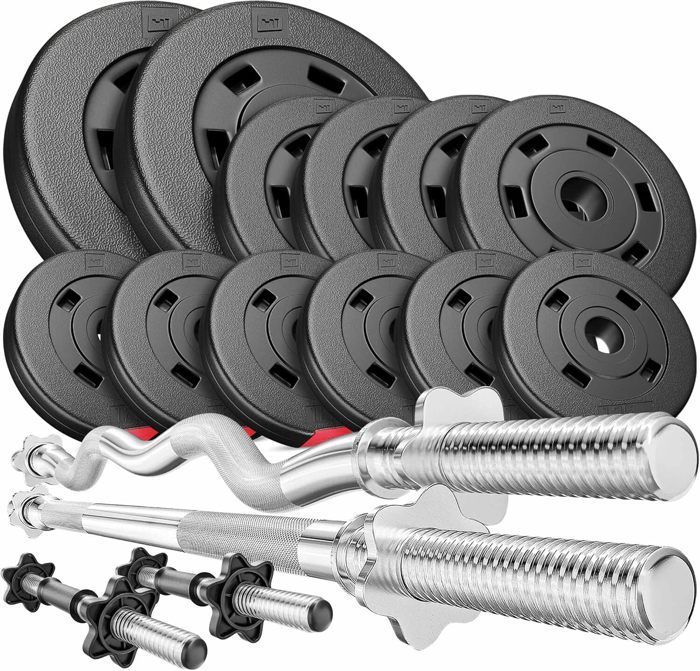 Hop-Sport 45 kg Hantelset, 167 cm Stange, 120 cm SZ Stange, 45 cm kurze Stangen, 2 x 5 g, 4 x 2,5 g, 6 x 1,25 g Gewichtsscheiben