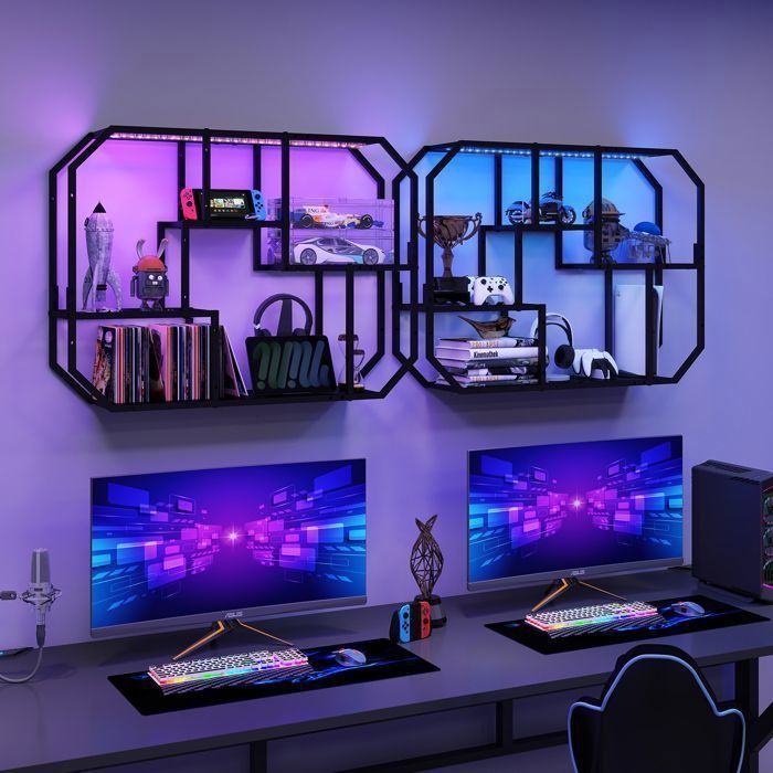 Estantería de pared PULUOMIS con iluminación LED RGB, 5 niveles de almacenamiento, estante flotante para juegos, sala de estar, cocina, 85 cm