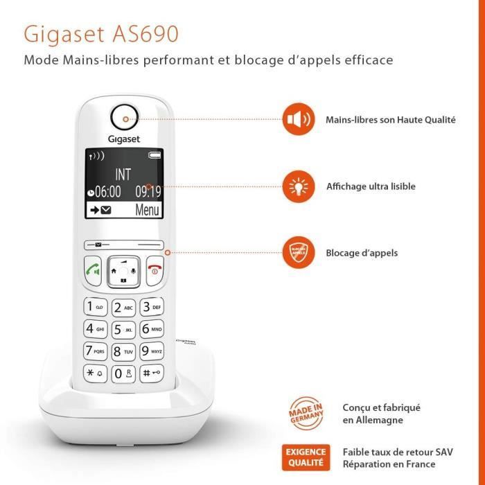 Teléfono inalámbrico GIGASET AS690 blanco: manos libres HSP™ de alto rendimiento y bloqueo de llamadas eficaz.