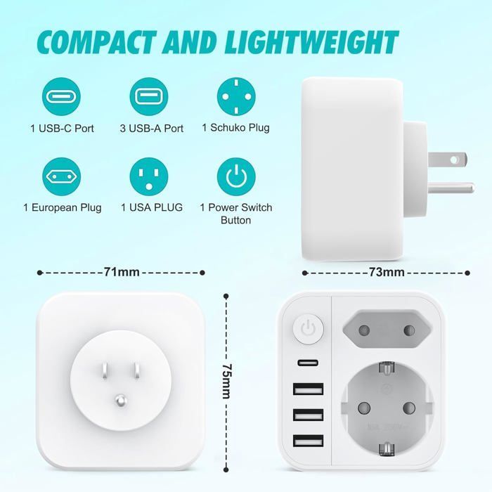 6-in-1-Steckeradapter Frankreich auf USA/Kanada mit 3 USB-A- und 1 USB-C-Anschluss sowie 2 europäischen Steckern, Steckeradapter Frankreich auf USA
