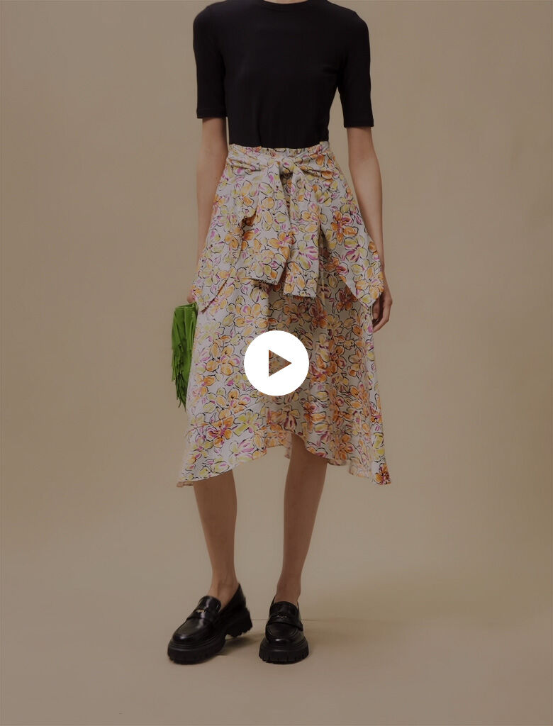 Rok met bloemenprint en knoopdetail - Hibiscus oranje/blauw