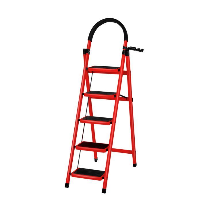 Red - 152cm Folding 5-Step Steel Step Ladder, Ladder with Handle and Non-Slip Footplate, 150KG Load Capacity