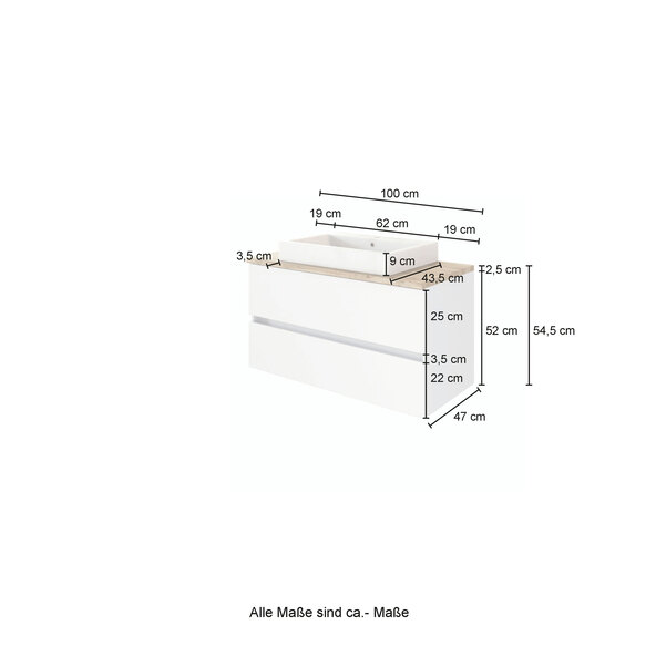 Waschtisch mit Becken Bristol, 100 cm, grau