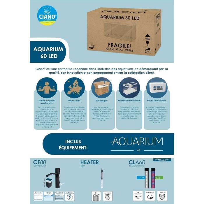 Acuario - CIANO - 60 L - Filtro - LED - Calefacción - Espuma 30PPI - CF80 - Negro