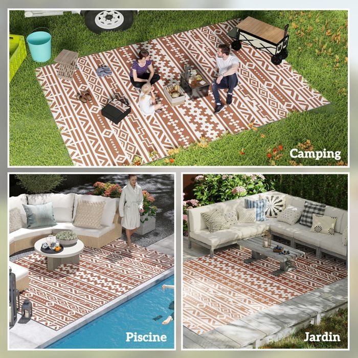 Alfombra de exterior Outsunny - reversible - 1,8 x 2,7 m - estampado geométrico de pared - fabricada en PP - incluye bolsa de transporte - roja y blanca