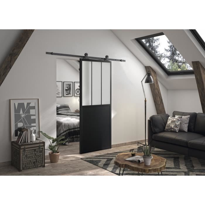 Kit de puerta corredera OPTIMUM ATELIER, negro + riel visto - 204 x 83 cm - cristal esmerilado