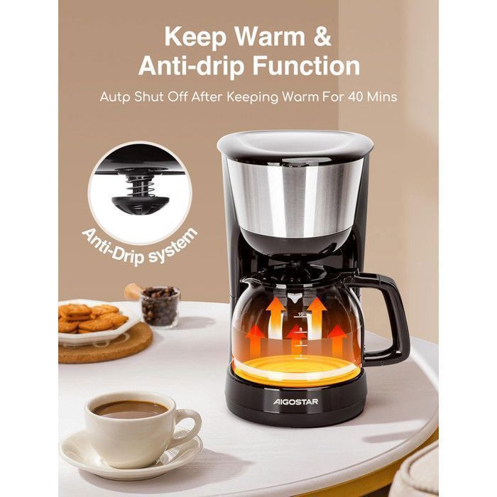 Caffettiera a filtro Aigostar, 1000 W, capacità 1,25 l, senza BPA, con filtro permanente lavabile e funzione di mantenimento in caldo.