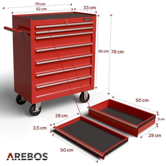AREBOS Chariot d’atelier à 7 tiroirs en acier robuste – verrouillage central, roues pivotantes, surface résistante aux rayures