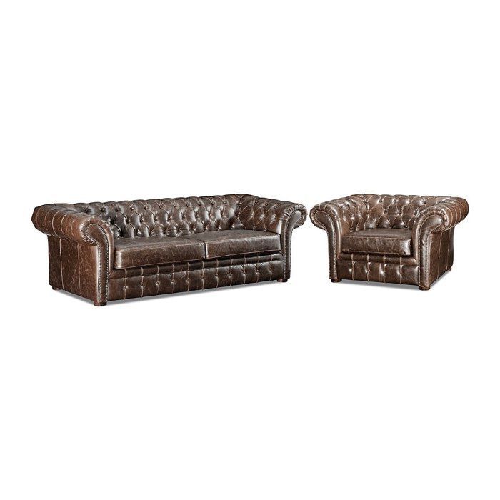 Sofá de 3 plazas y sillón CLOTAIRE en piel Chesterfield 100% envejecida.