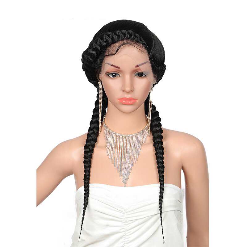 Pelucas trenzadas dobles holandesas con encaje frontal suizo, 24 unidades, totalmente trenzadas a mano, con cabello de bebé para mujer, sin divisiones, color negro.