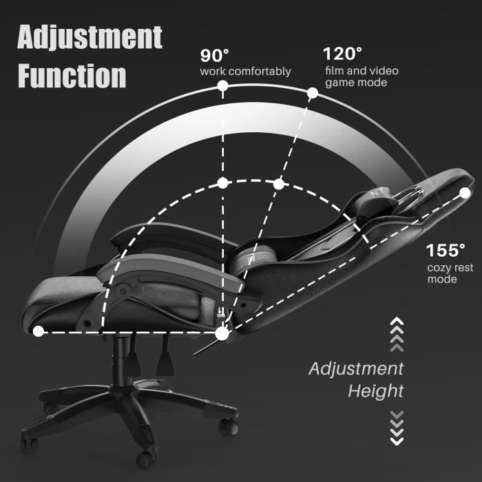 Gamingstoel - Rattantree Ergonomische Gamingstoel - Gamingstoel met hoofdsteun en lendensteun - Kantelbaar van 90° tot 155°