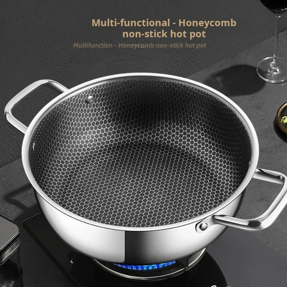 Marmite en acier inoxydable 410, poêle wok/wok universelle avec couvercle, revêtement antiadhésif alvéolé et couvercle, compatible avec les plaques à induction et à gaz.