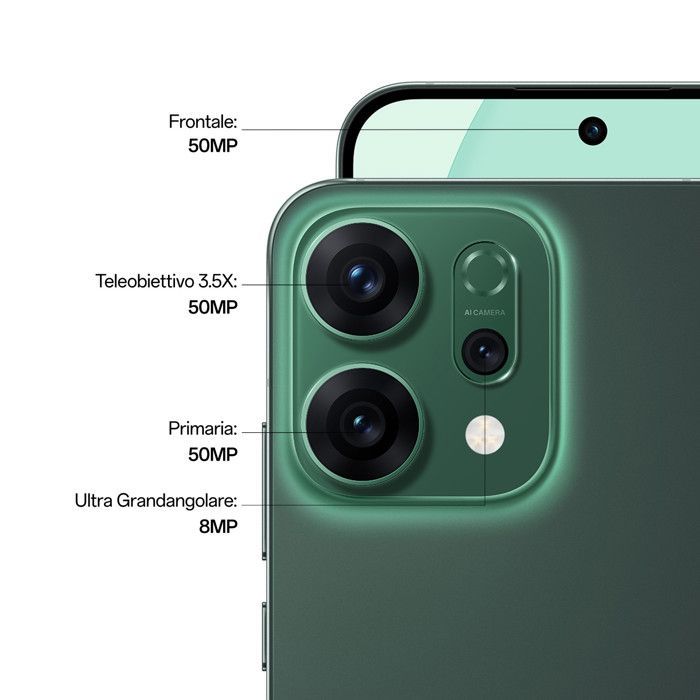 Smartphone Oppo Reno14 5G Android 15, 12 GB de RAM, 512 GB de almacenamiento, triple cámara de 50 MP, color verde.