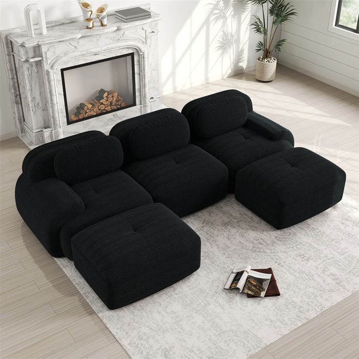 Sofá esquinero modular de 3 plazas DRIPEX - Tapizado en pana - con 3 cojines y 2 otomanas - 298x178x75cm - Negro