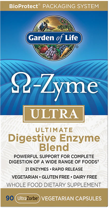 Cápsulas do suplemento alimentar Garden of Life Ω-Zyme ULTRA para melhorar a digestão.