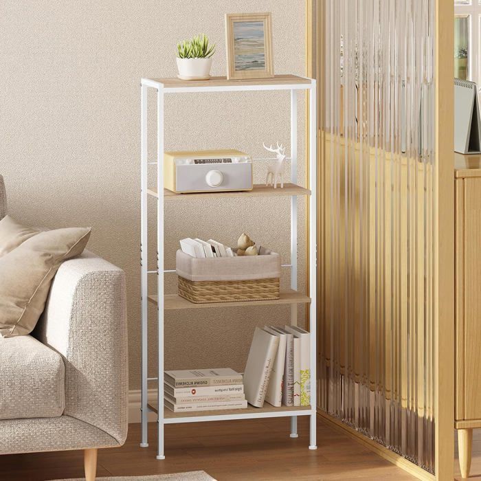 Estantería estrecha de 4 niveles WOLTU, estante de esquina para cocina, sala de estar, MDF, estructura metálica, roble claro + blanco, 50x20x110cm