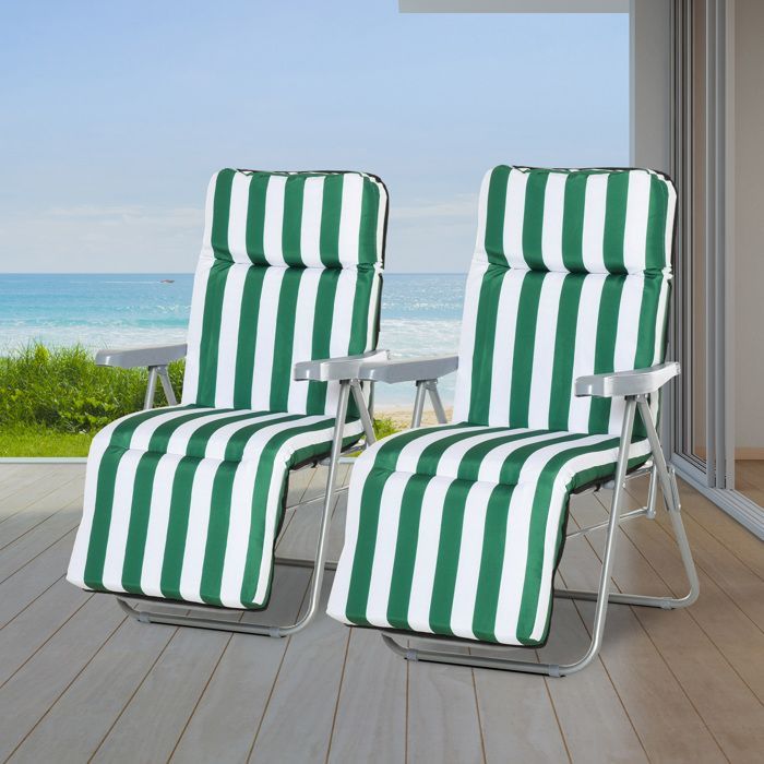 Set of 2 sun loungers - Outsunny - sunbed - adjustable folding deckchair - garden bed - steel - green + white