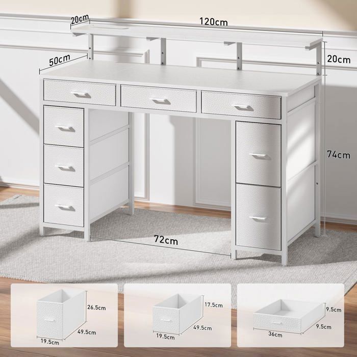 HLONONE Bureau avec 8 Tiroirs en Tissu, 120 × 50 cm Bureau Gaming LED avec Prises & Ports USB, Bureau Gamer, Blanc