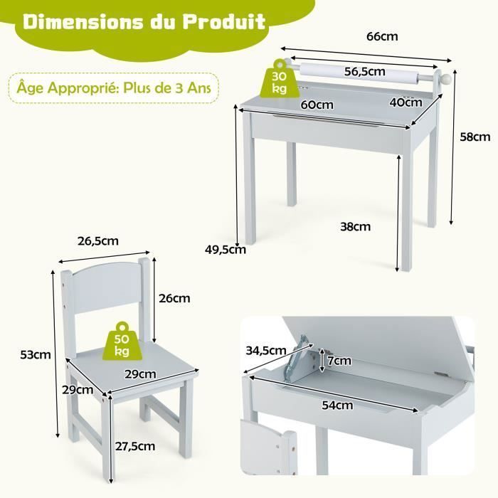 COSTWAY Bureau pour Enfants avec Chaise, Rouleau de Papier, Plateau Rabattable (Rangement Caché)en Bois pour 3+ Ans, Gris