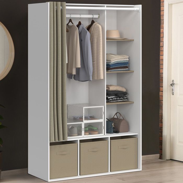 IDMARKET DIANE wardrobe unit 105 x 45 x 167 cm white with shelves + storage boxes + taupe curtain