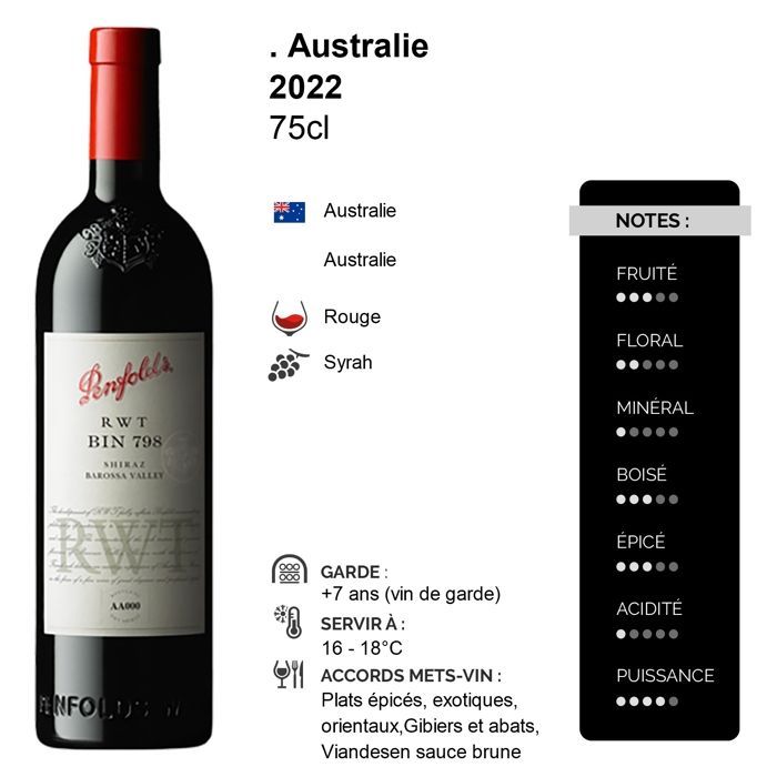 Penfolds Australia RWT Bin 798 Barossa Valley Shiraz 2022 - Vinho Tinto Australiano (75cl)