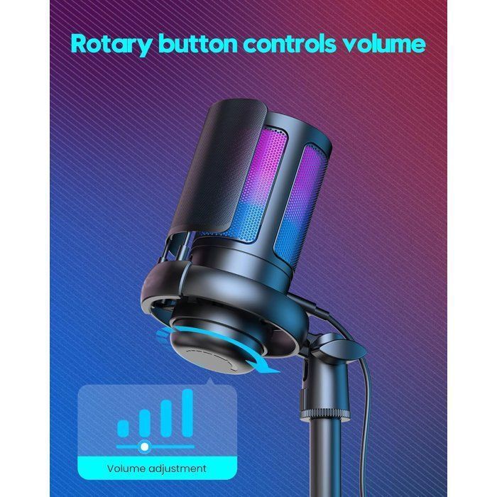 Microfone USB com função mudo de um toque, botão de controle de volume e efeito de luz RGB, ideal para jogos, podcasts e produção.