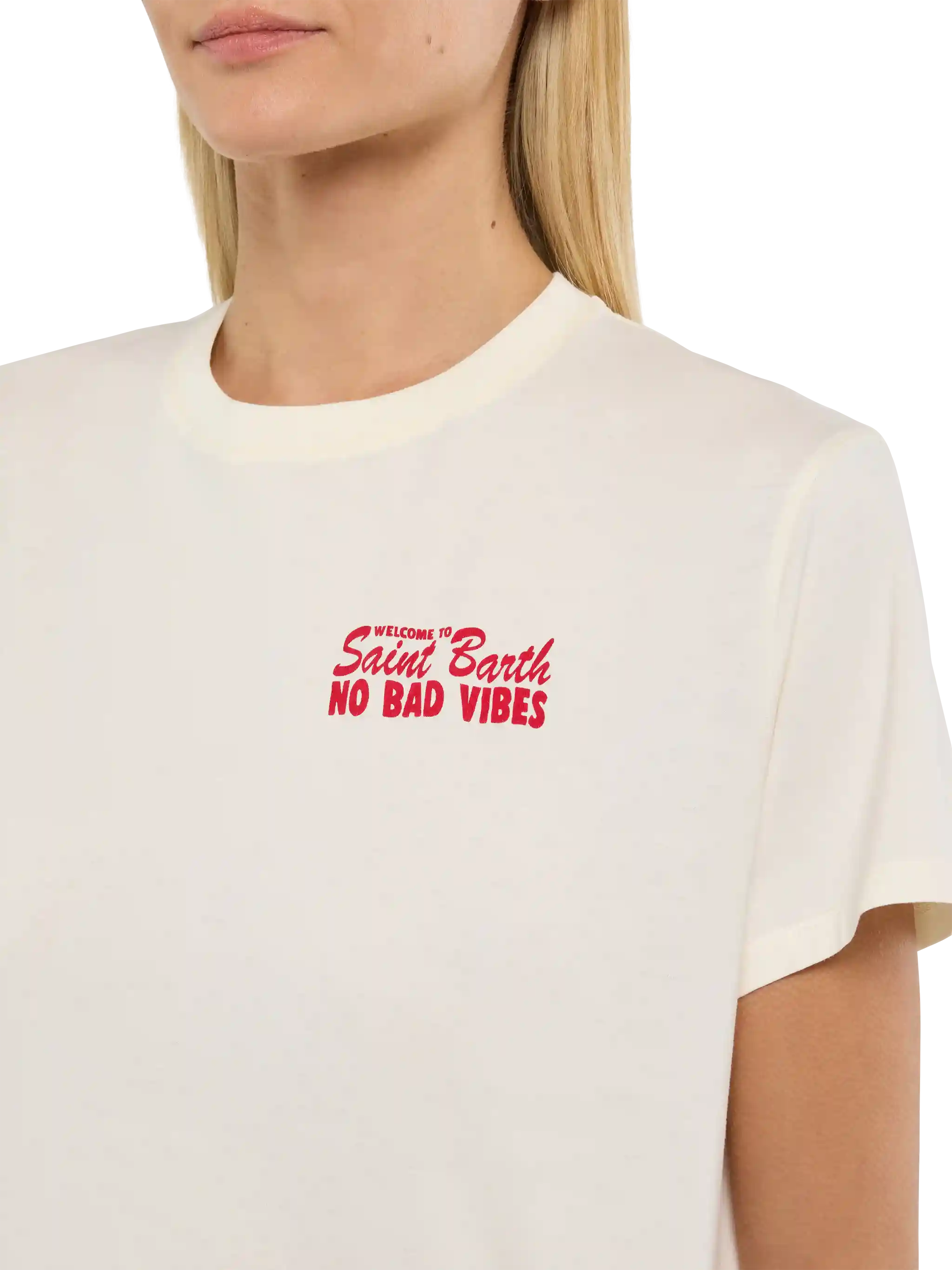 Emilie T-shirt met 'No Bad Vibes' print van katoen