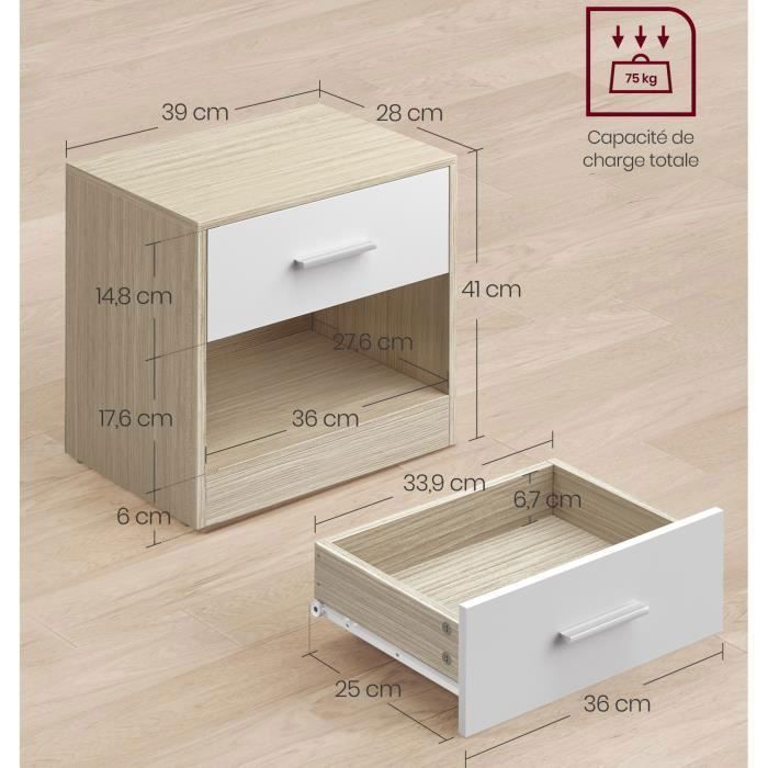 VASAGLE Table de Nuit, Lot de 2, Table d’Appoint, avec Tiroir, Poignée, Compartiment Ouvert, Table Basse, Beige Naturel et Blanc