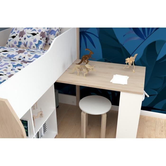 Cama infantil combinada con escritorio retráctil - PARISOT - LIAM - Blanco y roble - Base de láminas incluida - 90x200 cm
