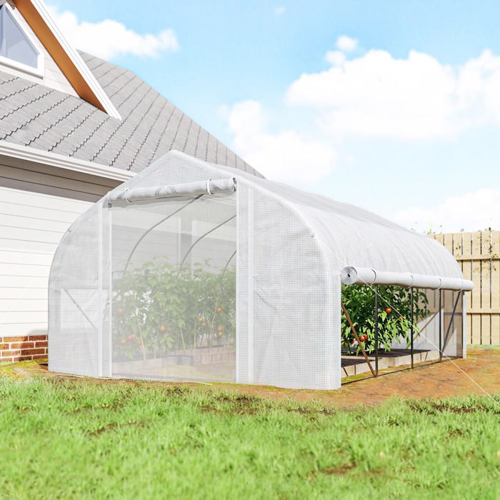 Outsunny 12 m² Gartentunnel-Gewächshaus (395 x 300 x 200 cm) – 8-Fenster-Tür mit Moskitonetzen, hochdichte PE-Folie (140 g/m²) – weiß