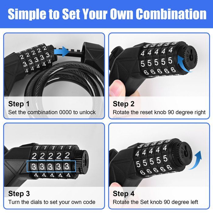 Keyless Combination Lock for Scooters - Reinforced 8mm x 120cm Cable for Bicycles, Motorcycles, and Electric Scooters